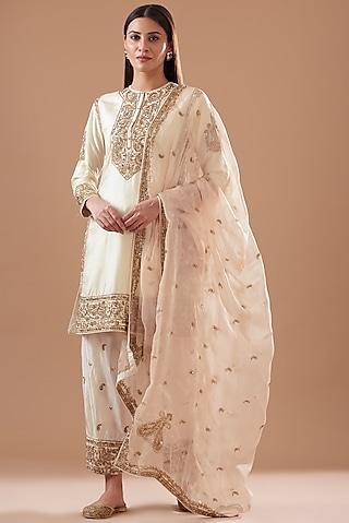 white pure silk embroidered a-line kurta set