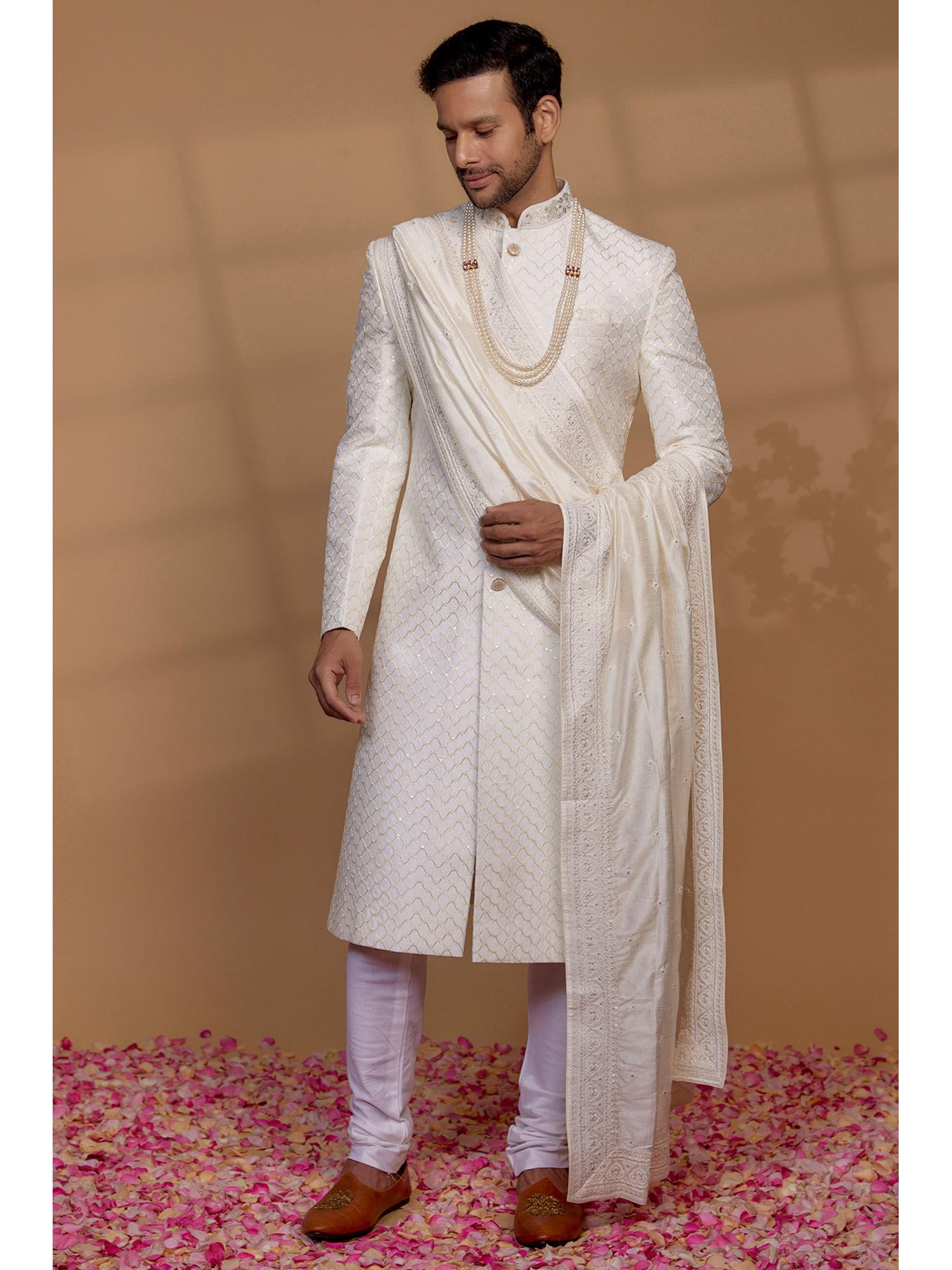 white raw silk sequin embellished sherwani with churidar and shawl (set of 3)