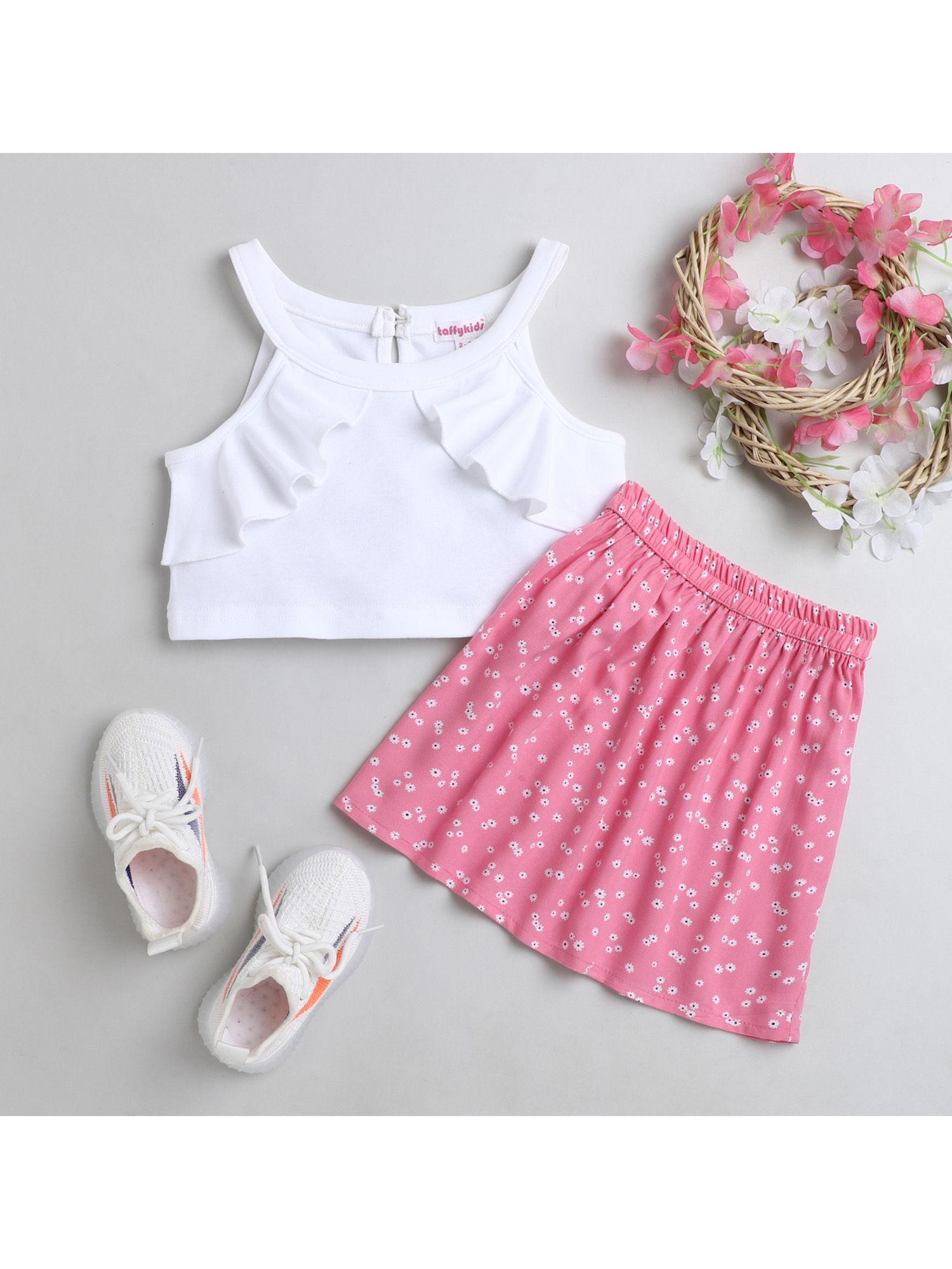 white round neck crop top with pink floral printed skirt (set of 2)