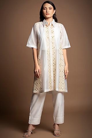 white silk chanderi sequins embroidered tunic set