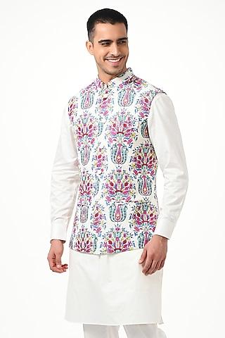 white silk embroidered nehru jacket