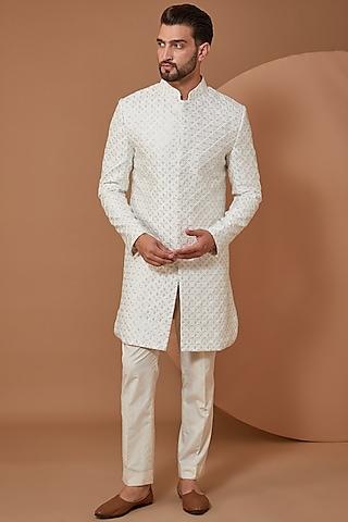 white silk thread embroidered sherwani