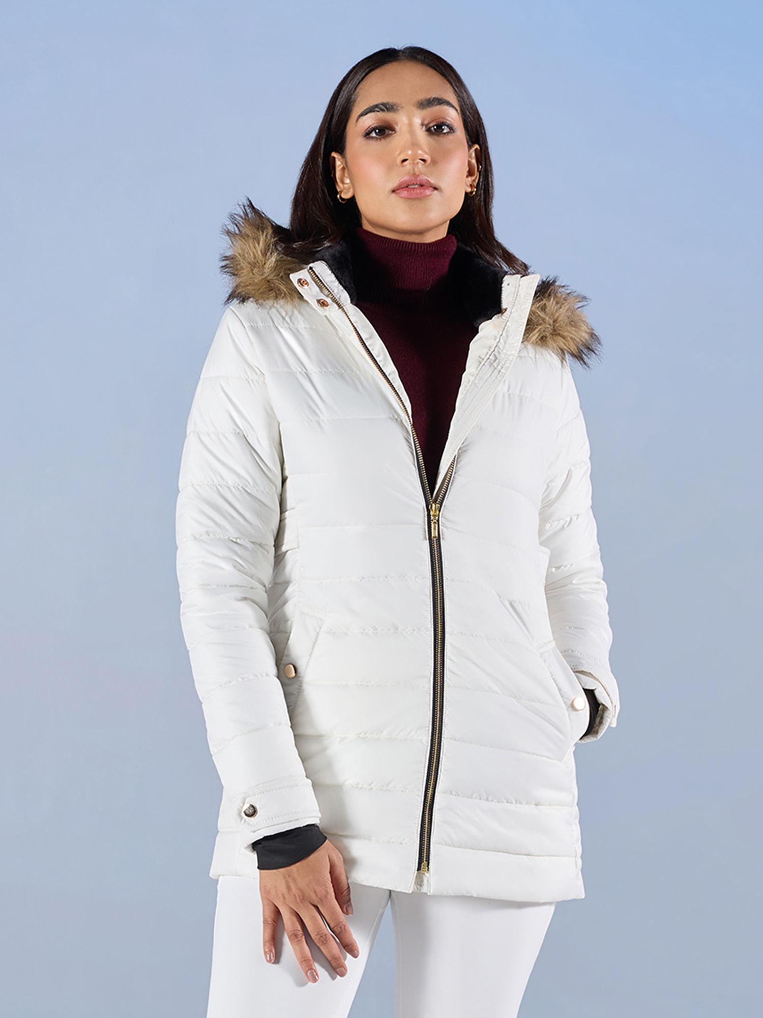 white solid fur hooded above knee length puffer jacket