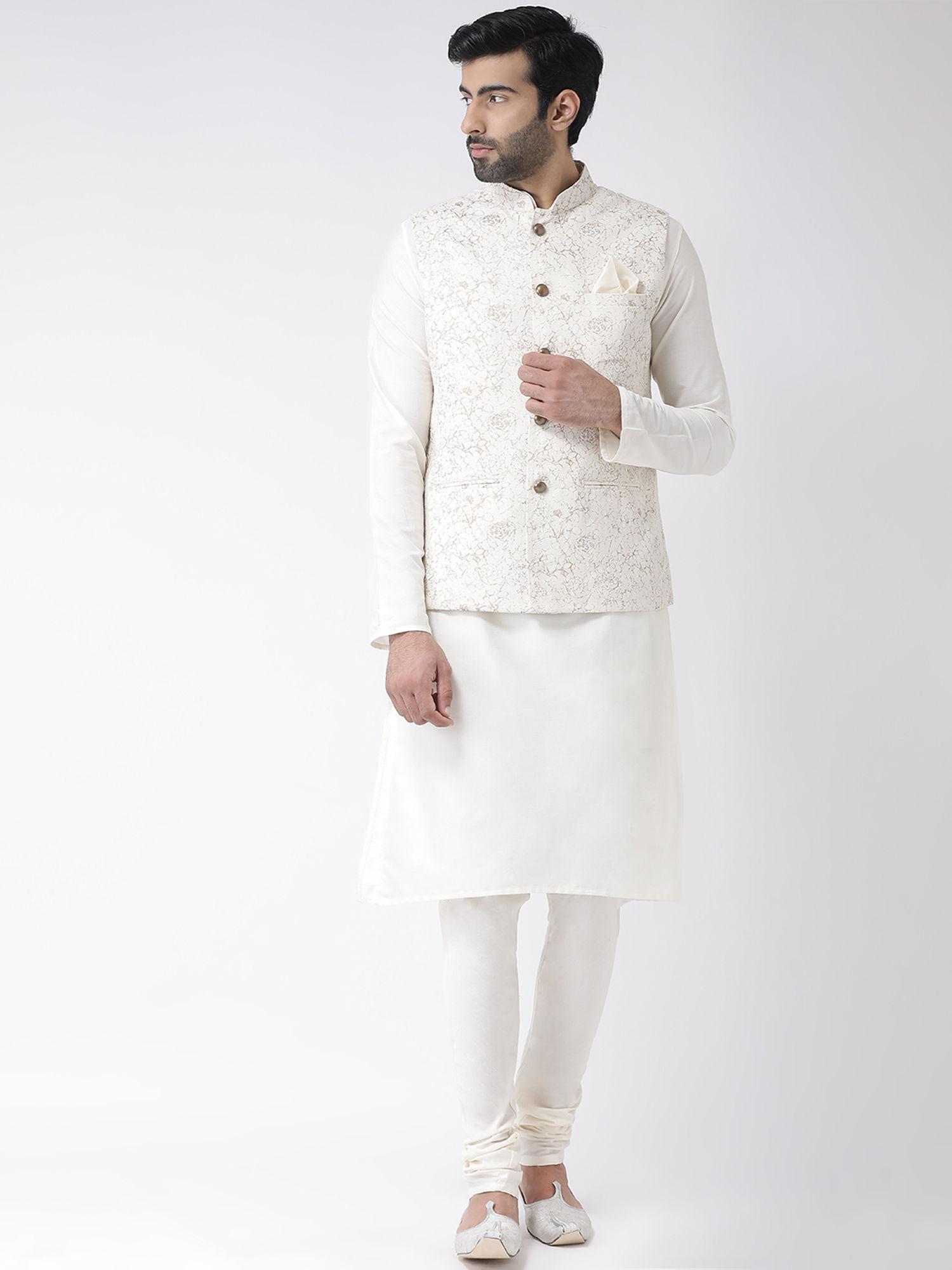 white solid handloom kurta with churidar and nehru jacket (set of 3)