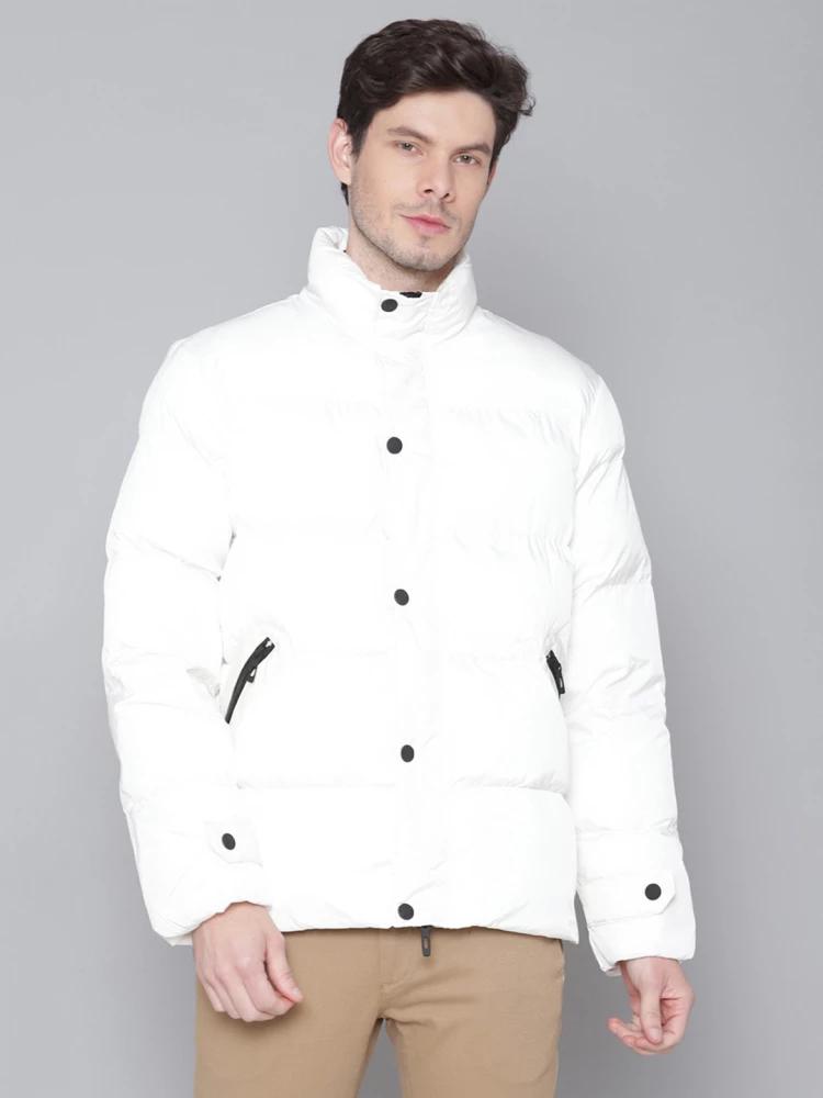 white solid round neck coat