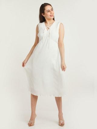 white solid v neck casual calf-length sleeveless women regular fit dress
