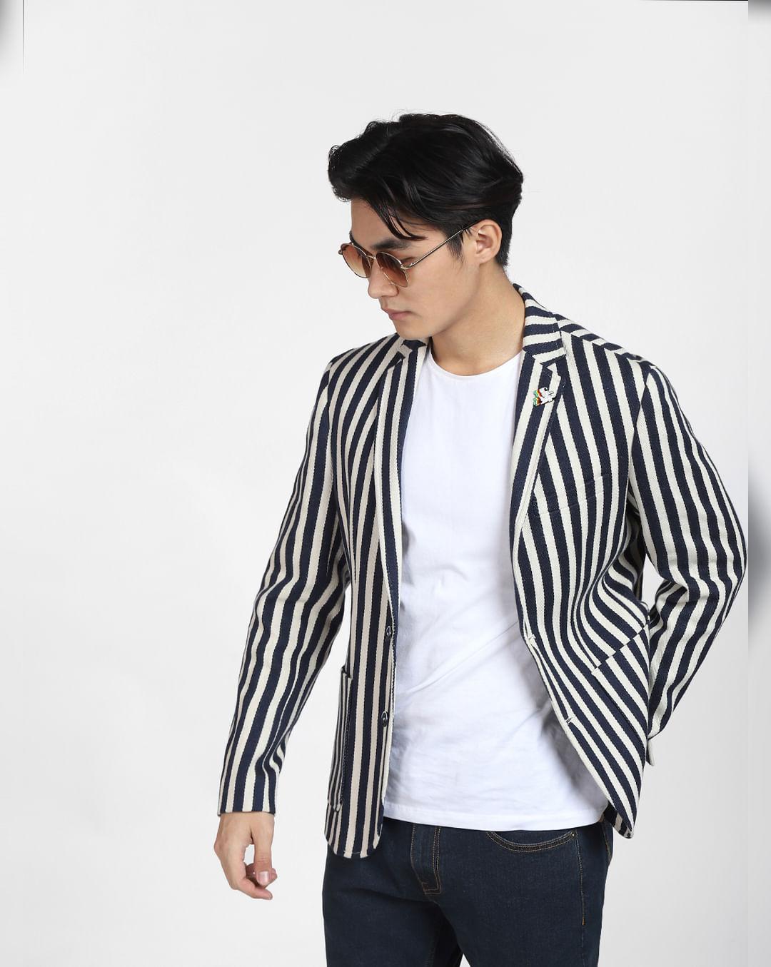 white striped double button blazer