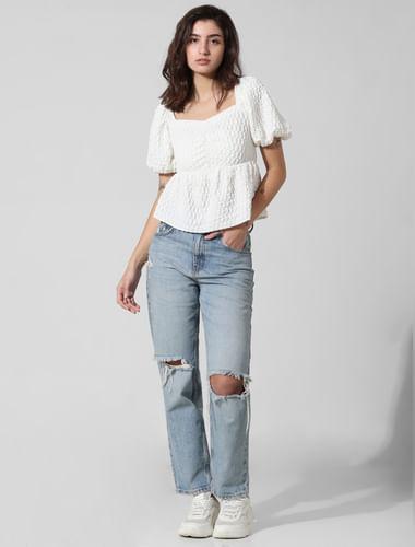 white textured puff-sleeves top