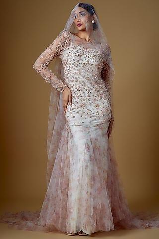 white tulle printed & embroidered gown with veil
