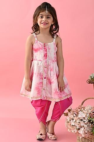 white& pink poly georgette tie-dye kurta set for girls