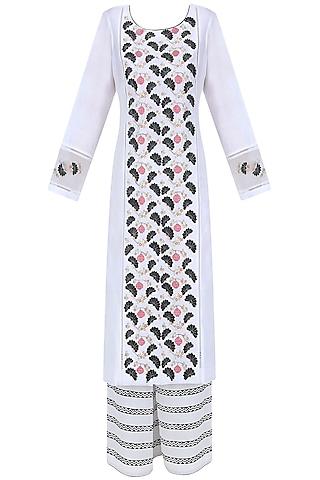 white, pink and blue floral embroidered kurta and palazzos set