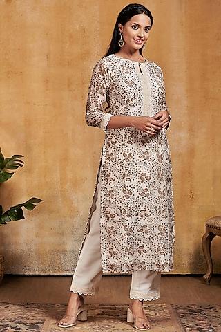 white & army green printed kurta set