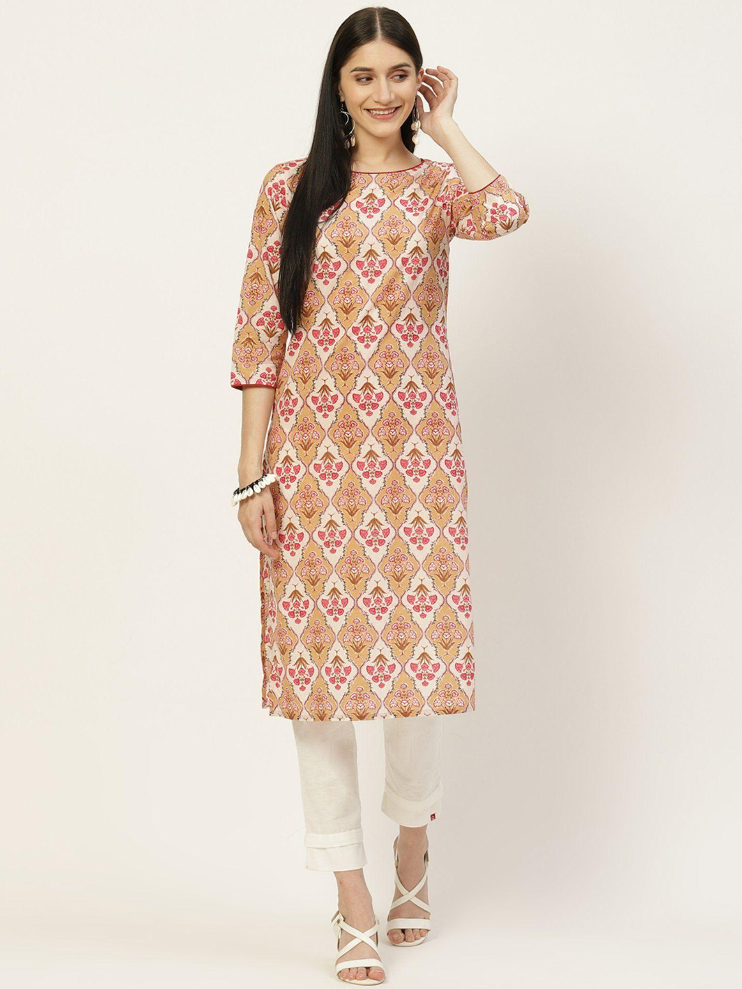 white & beige cotton straight kurta