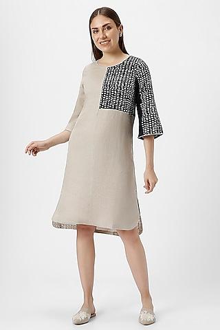 white & beige linen hand screen printed asymmetrical dress