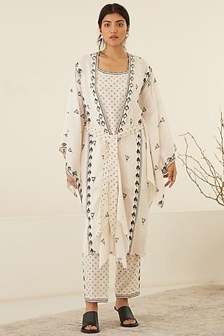 white & beluga black silk voile & modal hand block printed kimono set