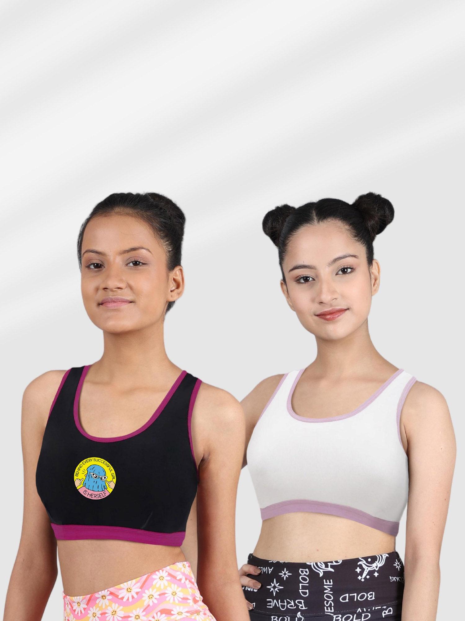 white & black cotton athleisure sports bra for girls (pack of 2)