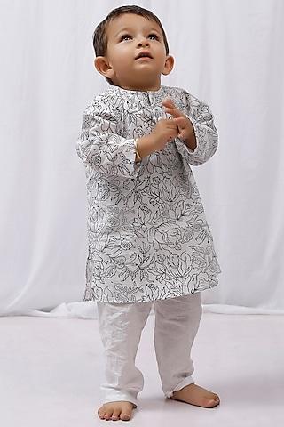 white & black cotton printed kurta set for boys