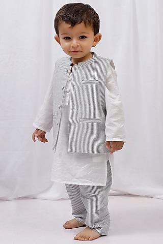 white & black cotton printed nehru jacket with kurta set for boys