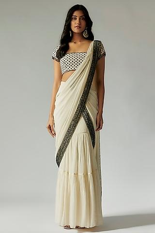 white & black georgette cutdana embroidered draped saree set