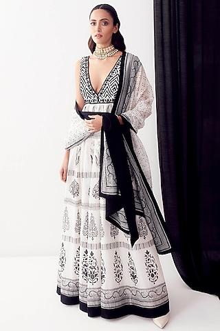 white & black hand embroidered anarkali set