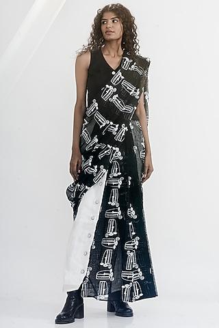 white & black linen gauze printed pre-stitched saree set