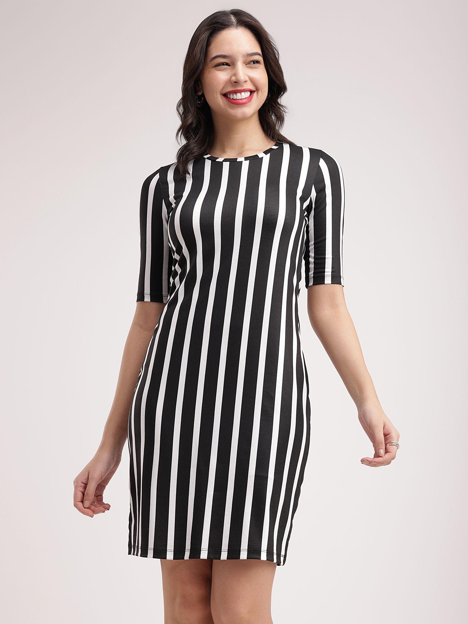 white & black striped knitted shift dress