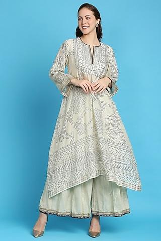 white & blue bandhani printed kurta set