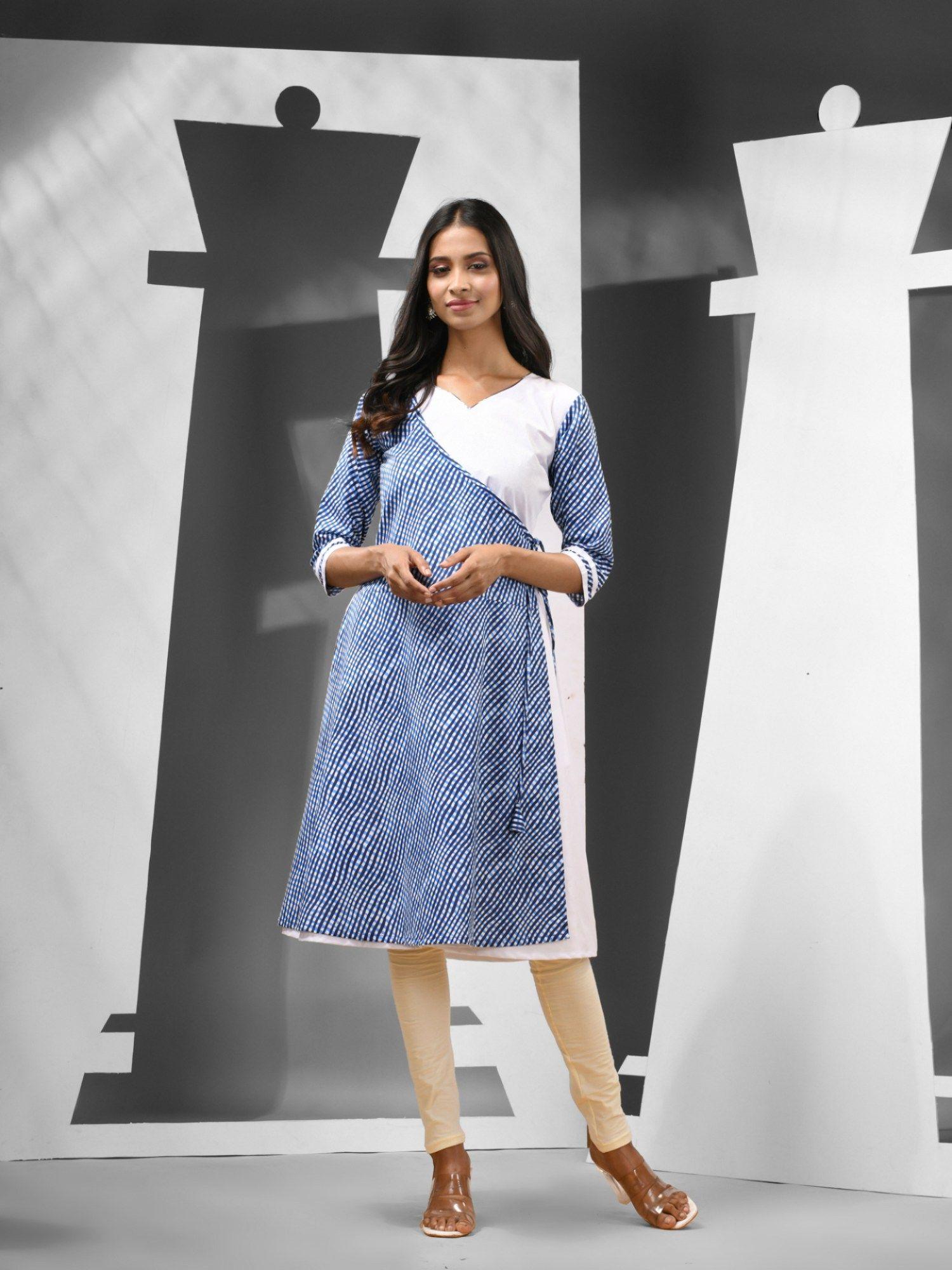 white & blue checkered cotton angrakha-style kurta