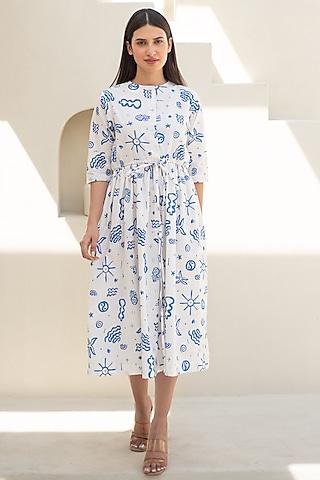 white & blue cotton doodle digital printed dress