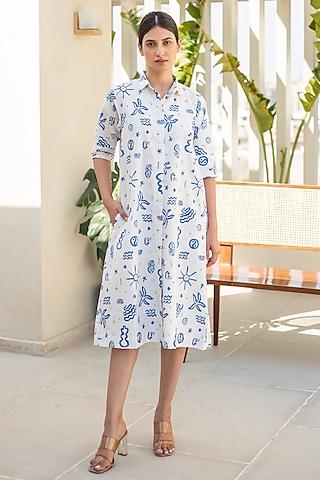 white & blue cotton doodle digital printed shirt dress