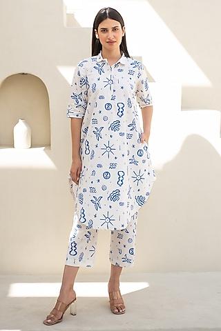 white & blue cotton doodle digital printed tunic set