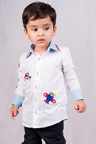 white & blue cotton embroidered shirt for boys