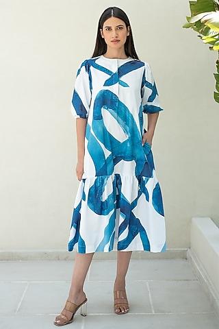 white & blue cotton floral digital printed flared dress