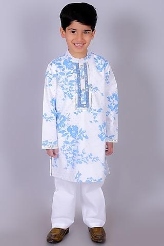 white & blue cotton floral printed kurta set for boys
