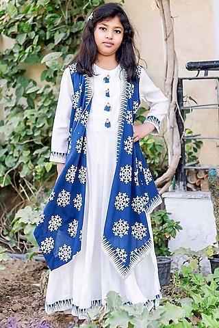 white & blue cotton hand block printed jacket dress for girls