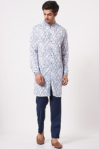 white & blue cotton linen long shirt