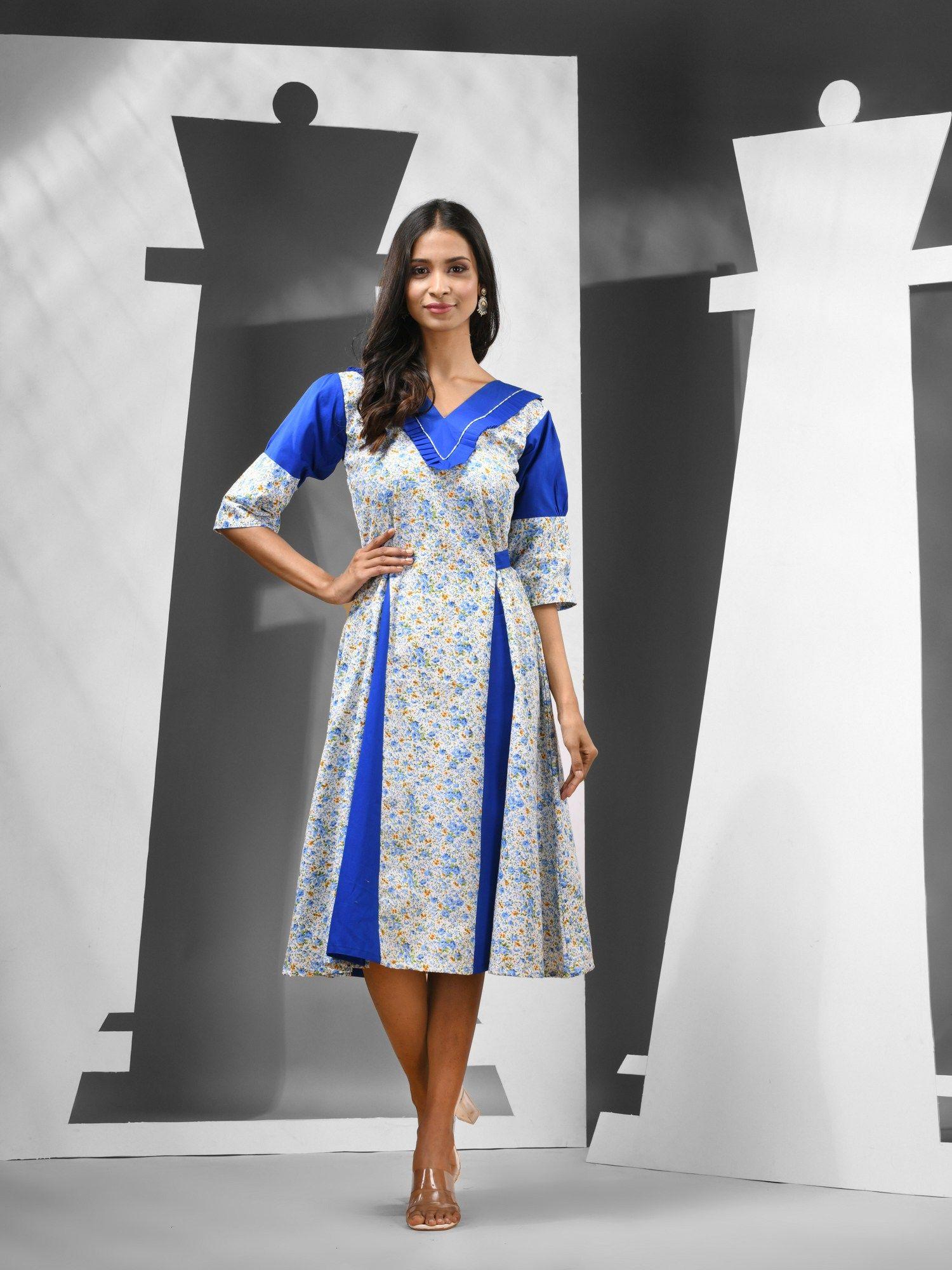 white & blue cotton panelled detailing dress