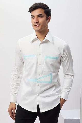 white & blue cotton patchwork safari shirt