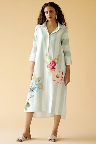 white & blue cotton satin floral printed shirt dress