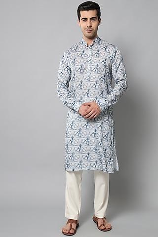 white & blue cotton silk kurta set