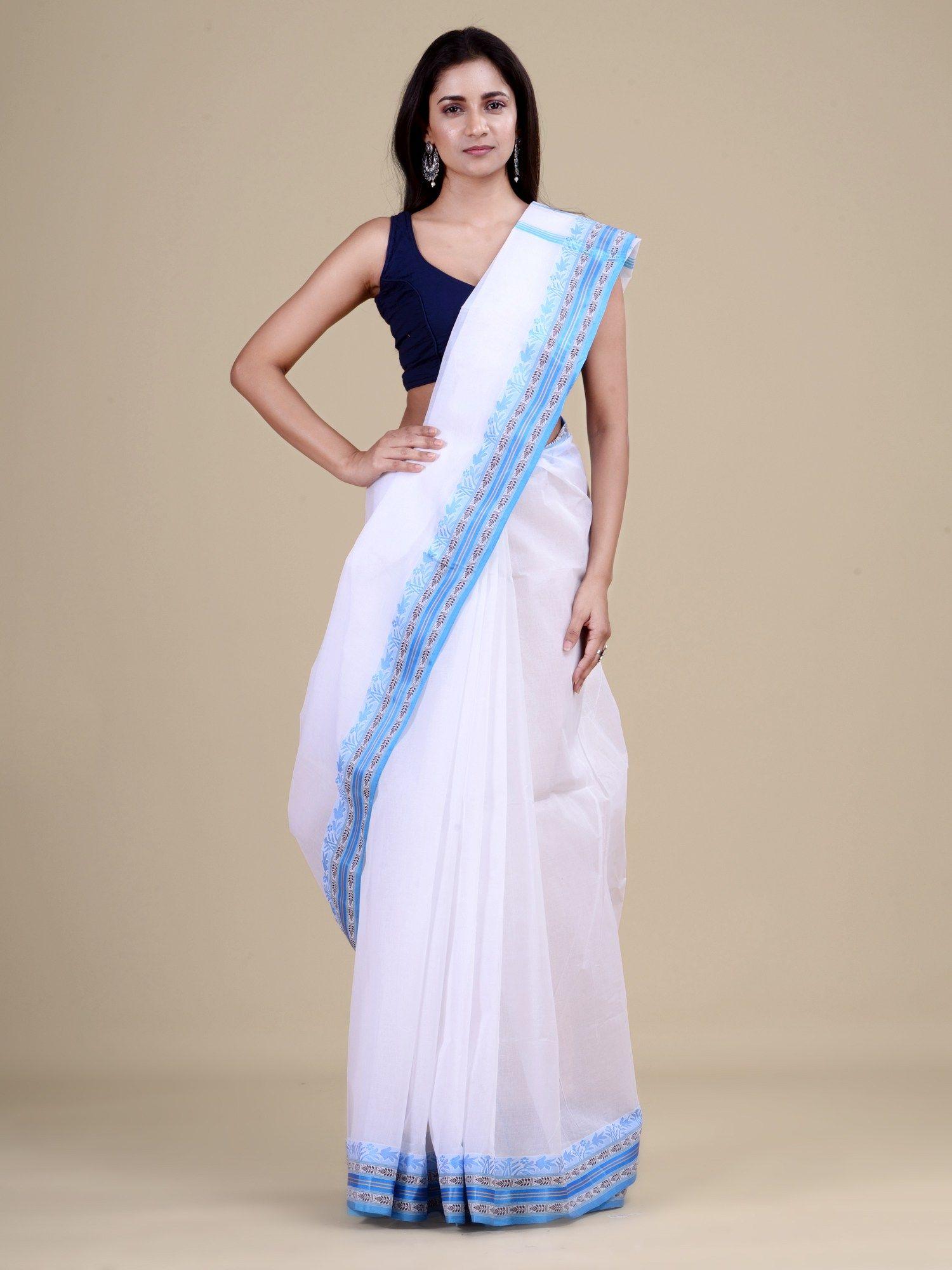 white & blue cotton tant saree