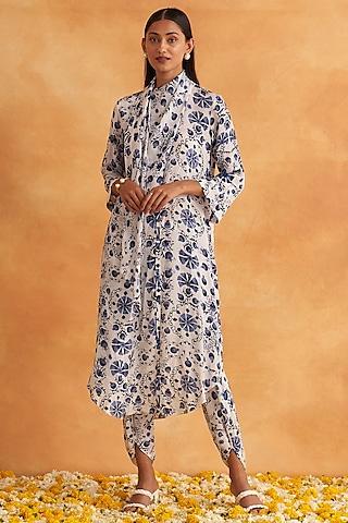 white & blue crepe printed kurta set