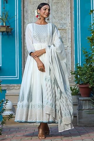 white & blue embroidered anarkali set