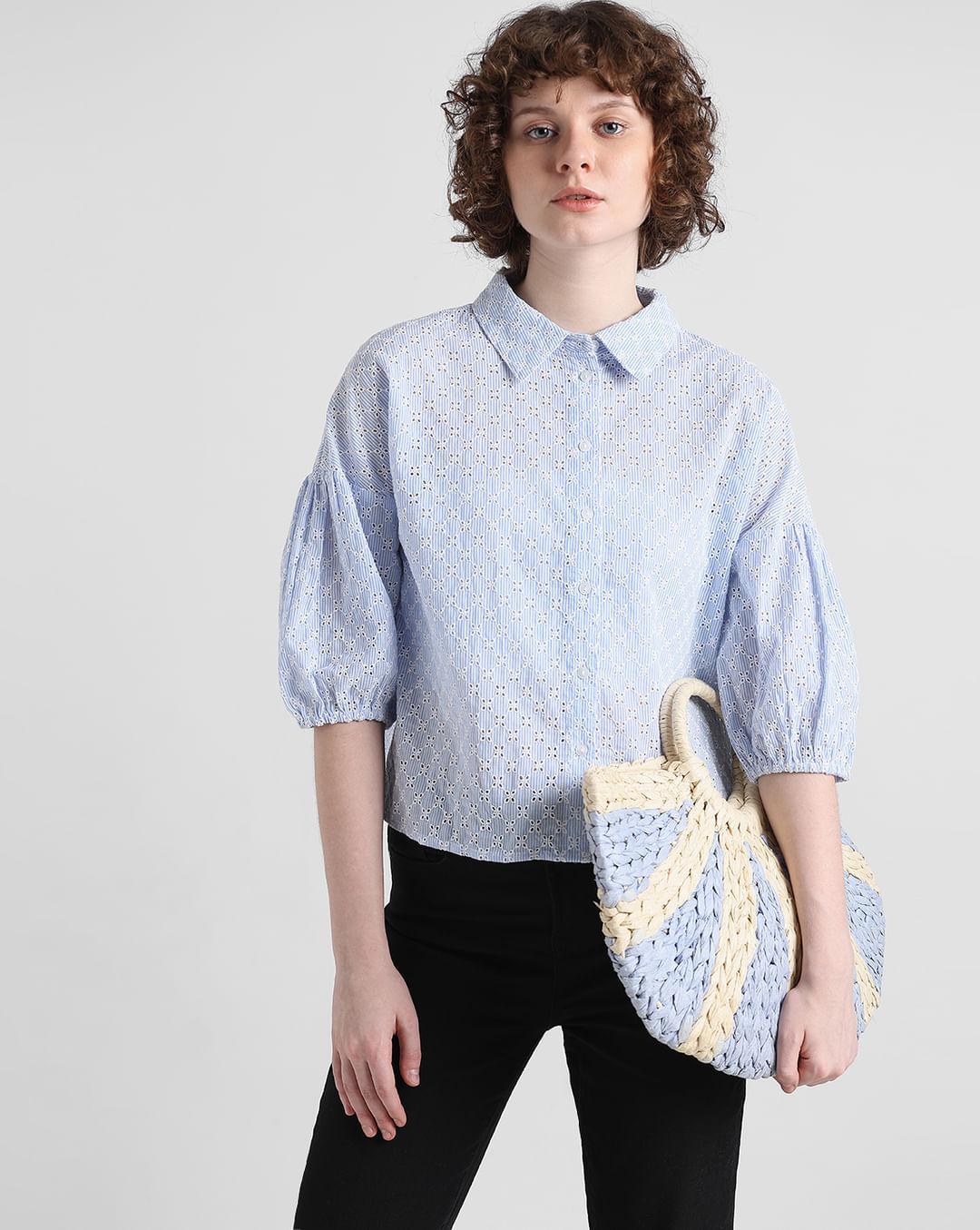 white & blue embroidered cotton shirt