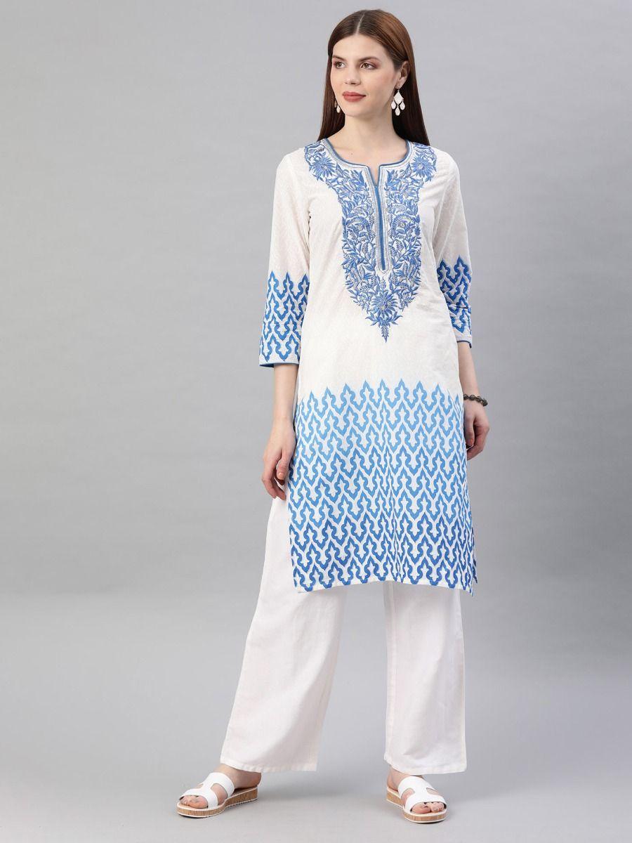 white & blue embroidered straight cotton kurta