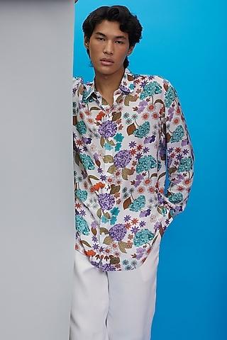 white & blue fluid cotton floral printed shirt