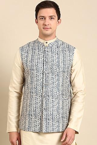 white & blue muslin printed nehru jacket