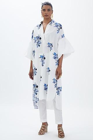 white & blue poplin floral printed tunic set