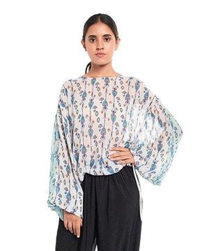 white & blue printed art georgette top with drawstring details