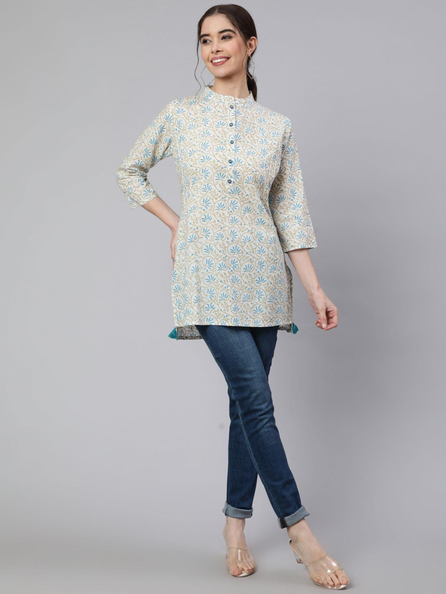 white & blue printed cotton straight short kurti